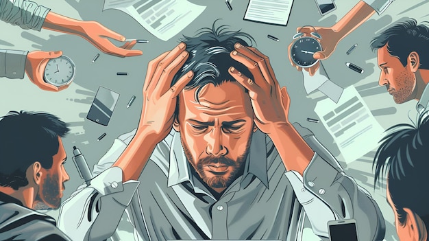 Photo illustration of stressed businessman surrounded by pressures and demands in office environment