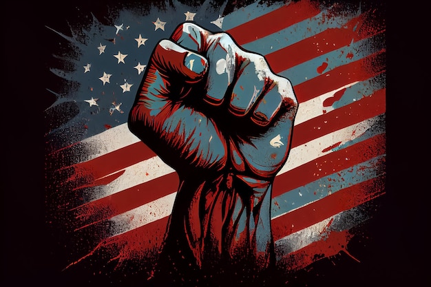 Illustration of strong fist in America flag colors on dark background AI