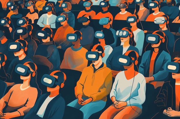 Illustration of students in lecture hall with VR headsets Group immersed in virtual reality tech