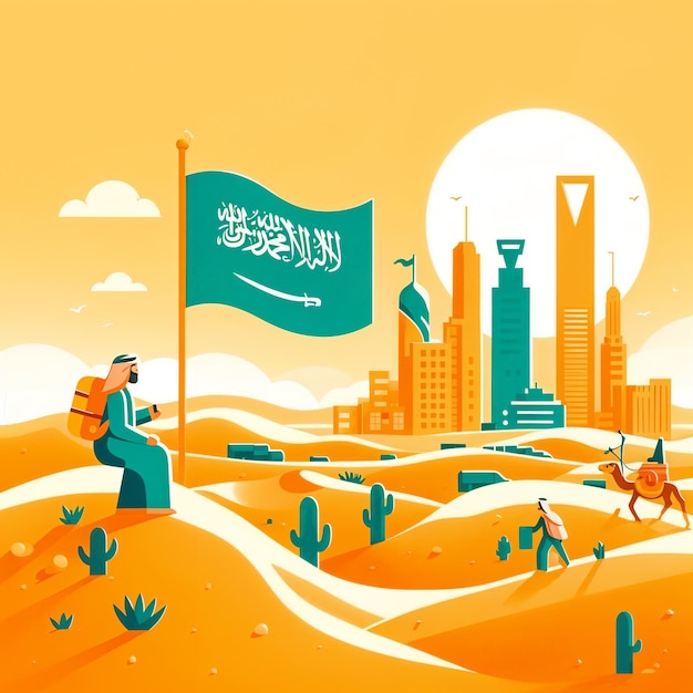 Photo illustration style for kids sand dunes in the desert riyadh city and saudi arabia flag simplicity