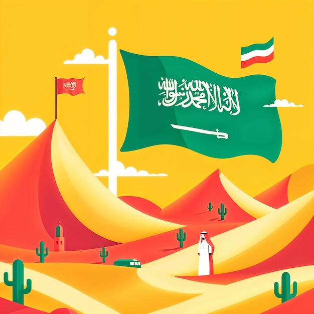 Photo illustration style for kids sand dunes in the desert riyadh city and saudi arabia flag simplicity