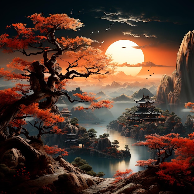 illustration style photo of a beautiful photo with china landscape