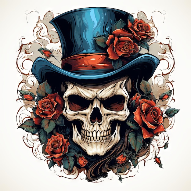 Illustration of a styled skull art tattoo design