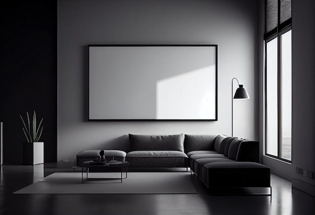 Illustration of stylish modern black and gray living room with cozy sofa and empty frame on wall AI