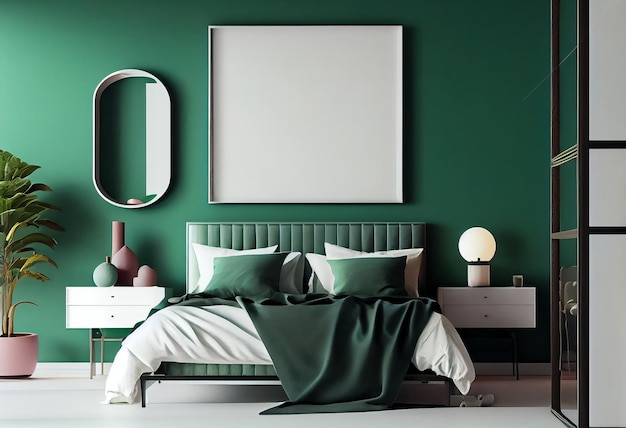 Illustration of stylish modern green and white bedroom with cozy bed and empty frame on wall AI