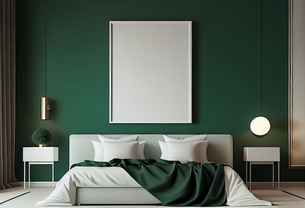 Illustration of stylish modern green and white bedroom with cozy bed and empty frame on wall AI