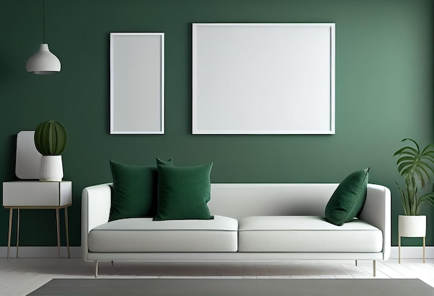 Illustration of stylish modern green and white living room with cozy sofa and empty frame on wall AI