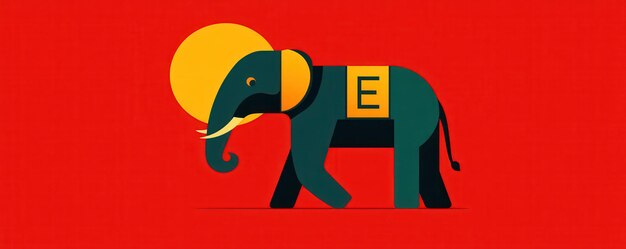 Photo illustration of a stylized elephant with a bold letter e on its side against a vibrant red background