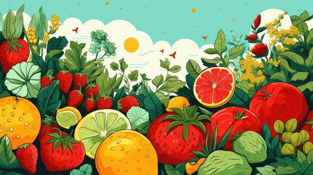 illustration of summer fruits and vegetables background