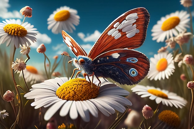 Illustration of summer meadow with colorful flowers and butterfly AI