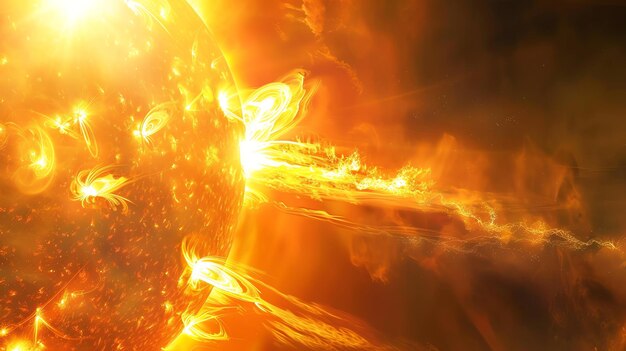 An illustration of the sun with powerful solar flares erupting