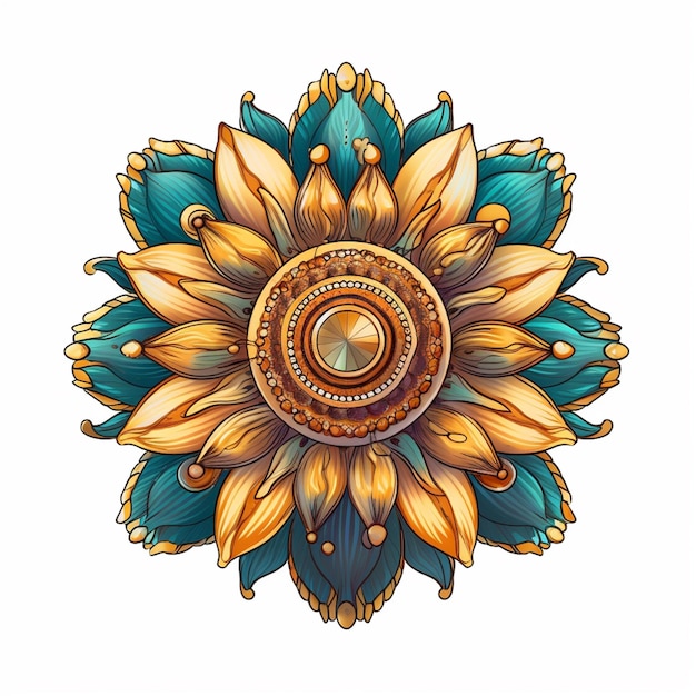 Illustration of a sunflower with a center surrounded by blue and gold leaves generative ai