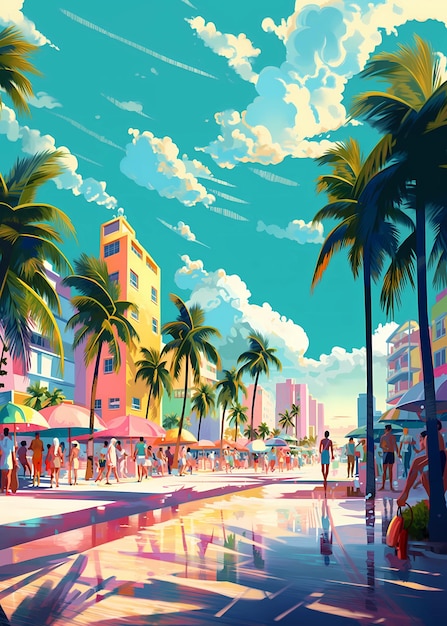 Illustration of a sunny day in an American resort town