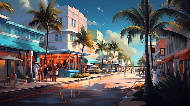 Illustration of a sunny day in an American resort town