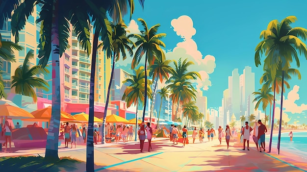 Illustration of a sunny day in an American resort town