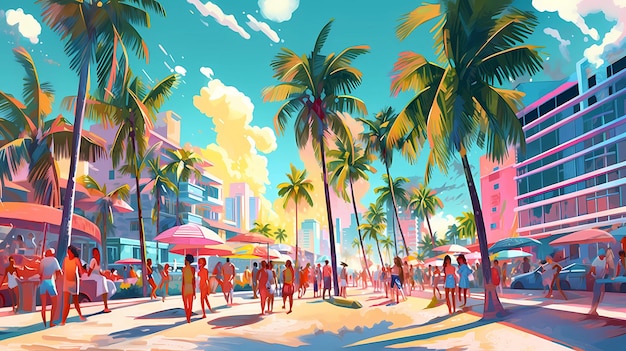 Illustration of a sunny day in an American resort town