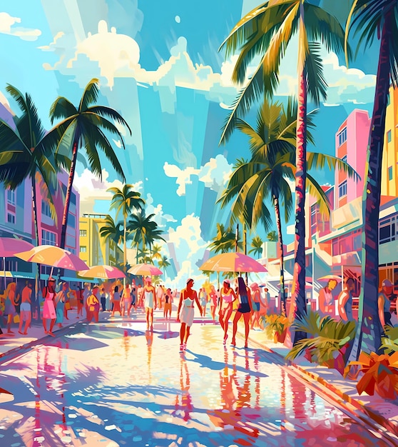 Illustration of a sunny day in an American resort town