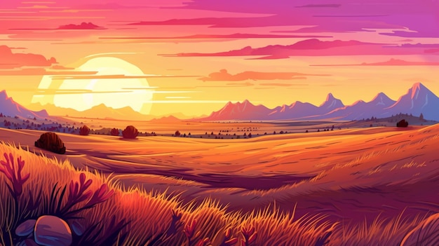 Illustration of a sunset in a field with mountains and trees generative ai