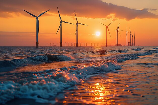 Illustration of sunset over the north sea with wind turbines in the distance and waves gently lappi