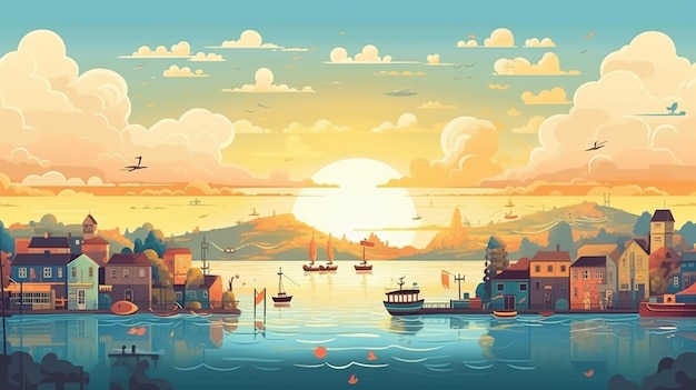 Illustration of a sunset over a small town with boats in the water generative ai