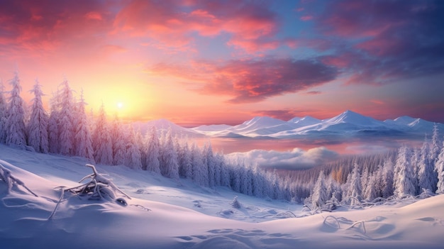 a illustration of a sunset over a snowy mountain