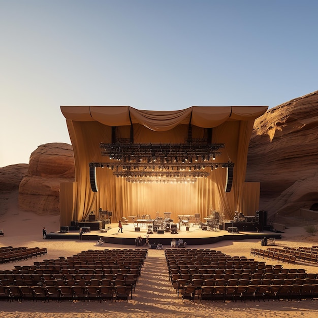 illustration of super huge and formal rock opera stage with seats an