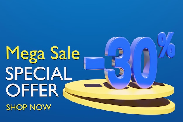 Illustration of super sale and special offer with 30 percent off in blue color 3D illustration with blue background and copy space