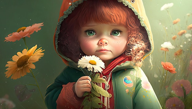 Illustration of a sweet and pretty girl surrounded by flowers Spring concept Fairy tale character Generative AI