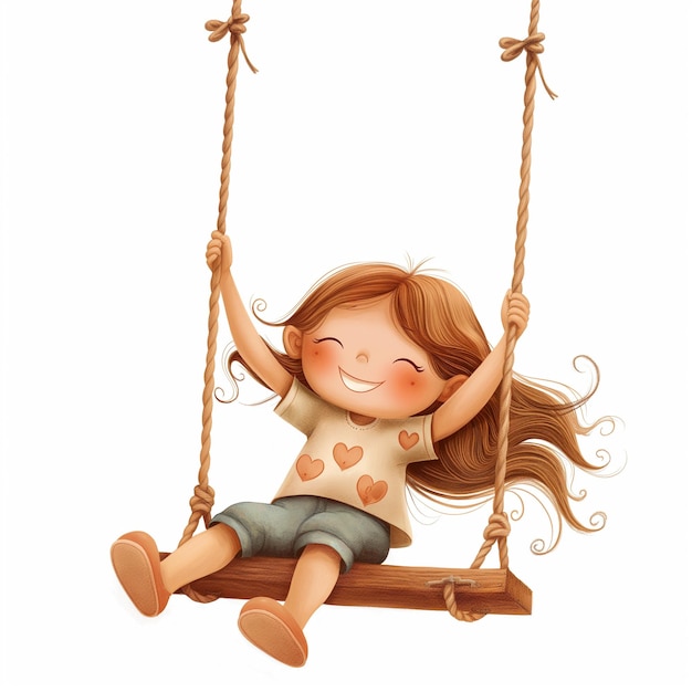 Illustration of sweet redhaired girl happily playing on a swing