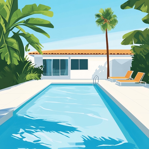 Illustration of a swimming pool view around the house