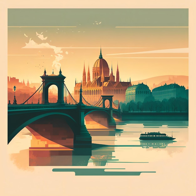 Illustration of Szchenyi Chain Bridge Budapest Hungary