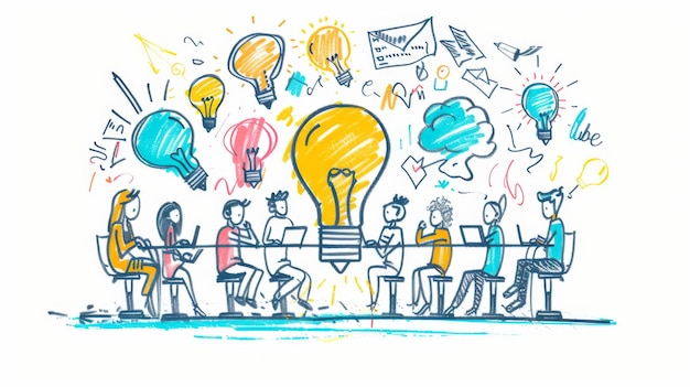 Illustration of a team brainstorming session featuring various light bulbs representing innovative i