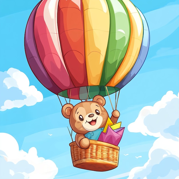 Illustration of a teddy bear flying in a hot air balloon