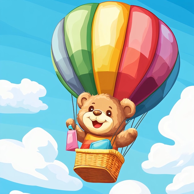 Illustration of a teddy bear flying in the sky with a basket of gifts