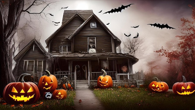 Illustration on the theme of Halloween pumpkins and spooky background