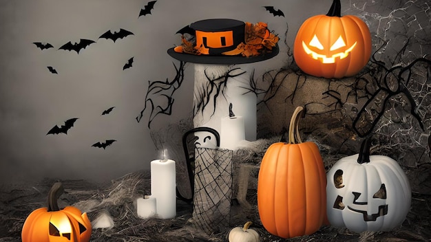 Illustration on the theme of Halloween pumpkins and spooky background