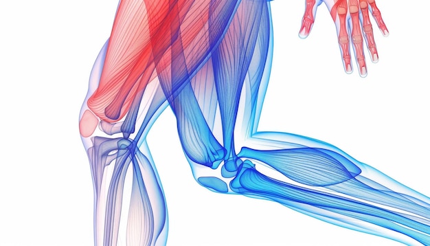 Photo illustration of thigh muscles and knee joint anatomy with red and blue highlights