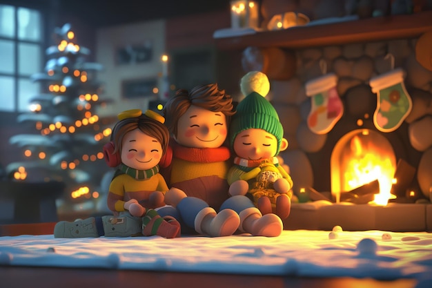 Illustration of three children enjoying a warm festive atmosphere by a firelit hearth