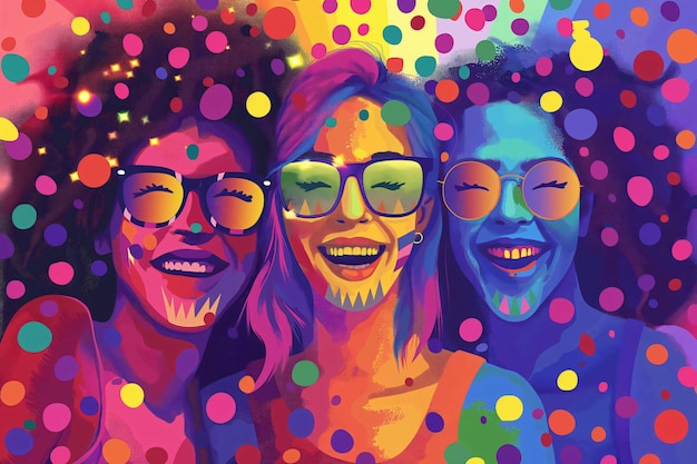 Illustration of three happy friends covered in colorful powder smiling and celebrating Holi festival