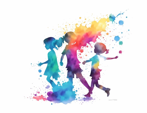 Illustration of three little girls playing together in colorful paint splatters for Children's day