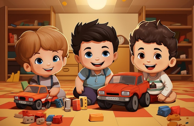 Illustration of three preschool children sitting on the floor and playing with toy cars