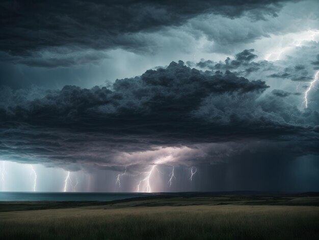 An illustration of thunderclouds with lightning strikes