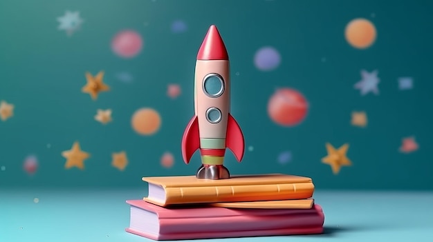 Illustration of a toy rocket perched atop a stack of books ready for launch Generative ai