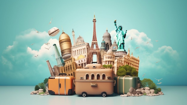 Illustration Travel Concept with Plane Famous Landmark World and Traveling luggage