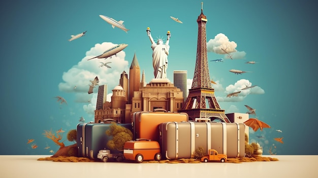 Illustration Travel Concept with Plane Famous Landmark World and Traveling luggage