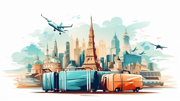 Illustration Travel Concept with Plane Famous Landmark World and Traveling luggage