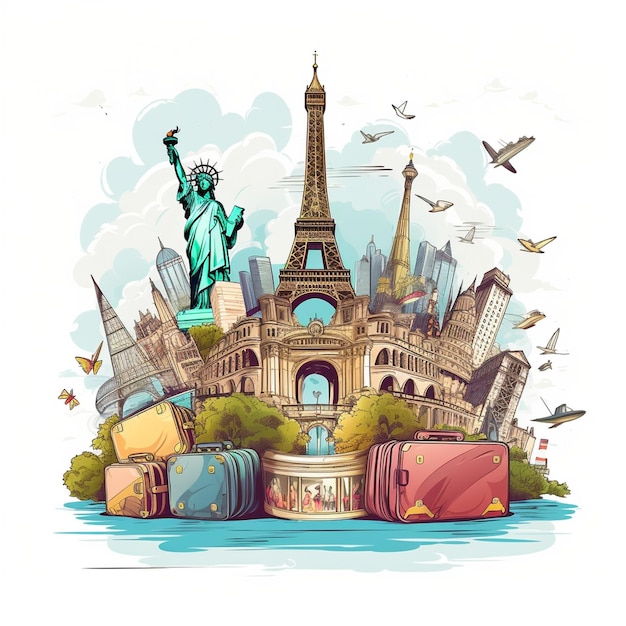 Illustration Travel Concept with Plane Famous Landmark World and Traveling luggage