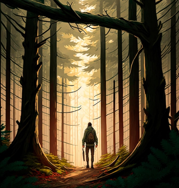 Illustration of a traveler walking in the forest