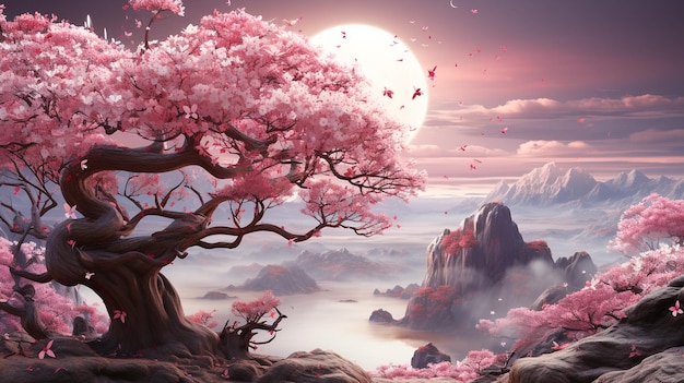 Illustration a tree blossoms with abstract pink flowers full view