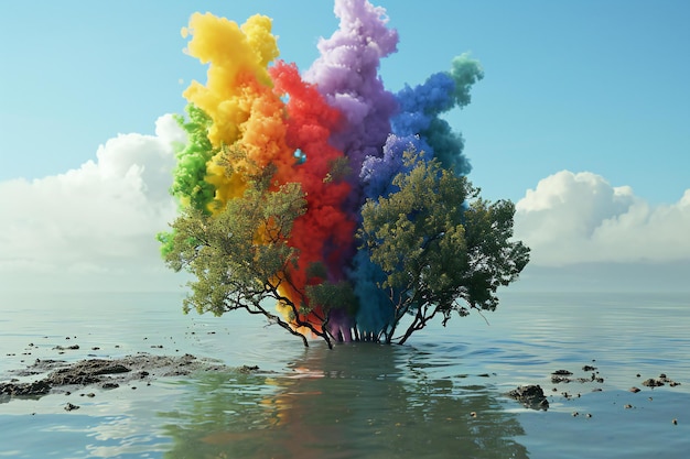 Illustration of a tree in the sea with colored smoke